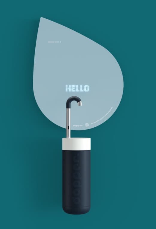 Dark blue Dopper Water Tap with Hello written in the droplet